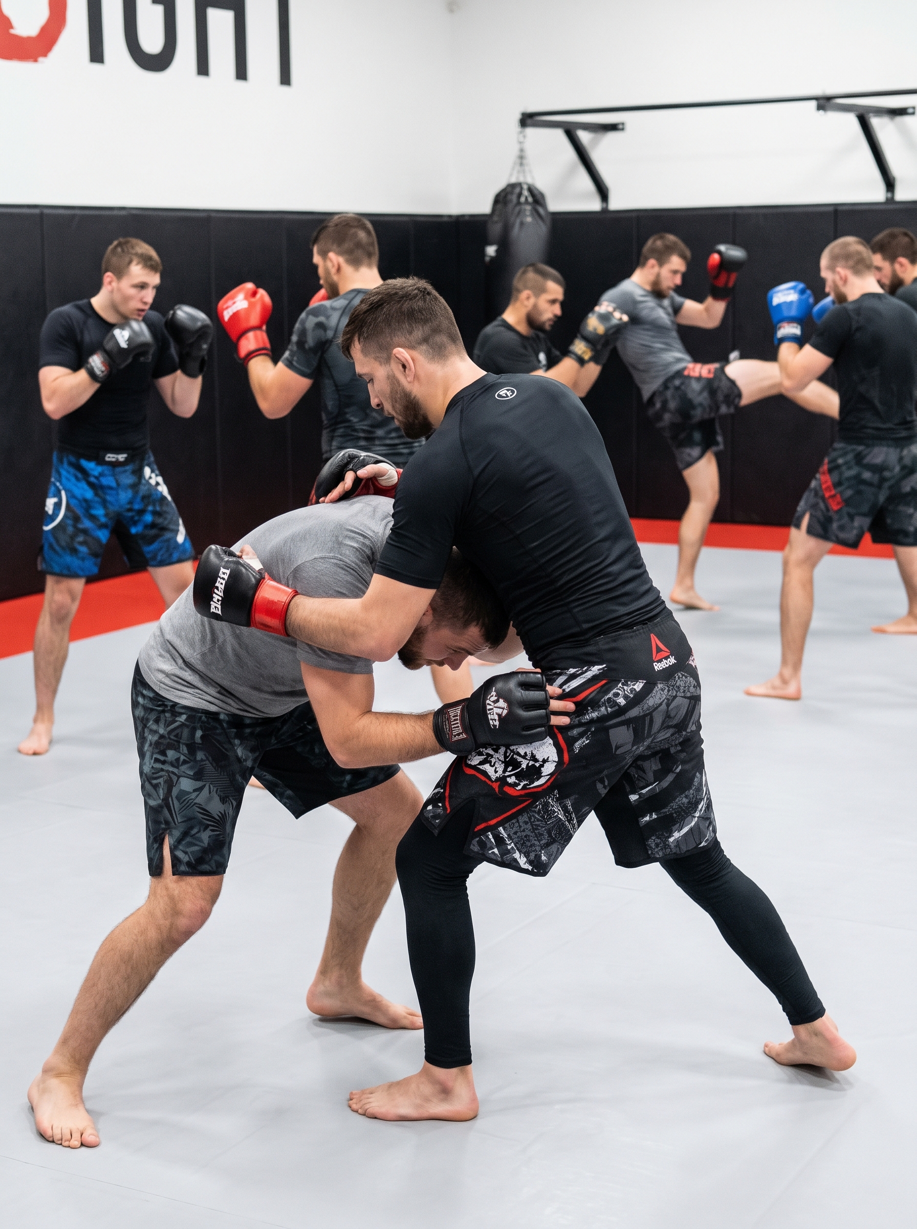 Athletes wearing custom fightwear: compression rash guards, fight shorts and grappling gear